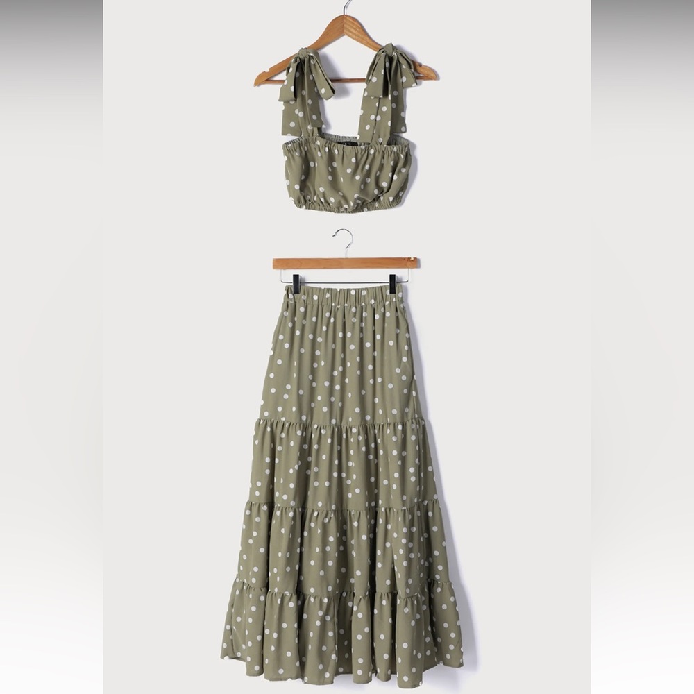 Lulus Sage Green Polka Dot Two-Piece Maxi Dress